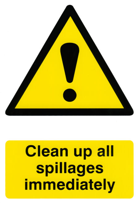 Beeswift BSS1330 Self Adhesive Backing 'Clean up all Spillages Immediately' Semi-Rigid PVC Safety Sign-0